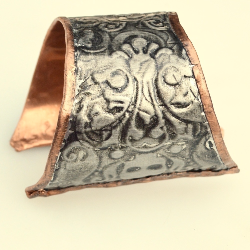 Skull Solid Copper Silver Wide Cuff Biker Handmade Embossed Gothic Gladiator - Picture 2 of 6